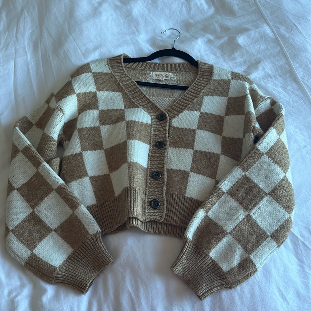 Brown and White Checkered Sweater